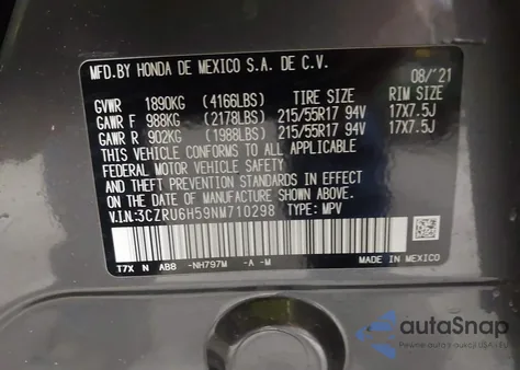 2022 Honda Hr-V Awd Ex from USA, damaged, VIN 3CZRU6H59NM710298